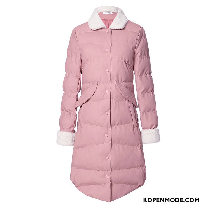 Katoenen Jas Dames Winter 2018 Elegante Straat Lang Lange Mouwen Roze Rood Effen Kleur