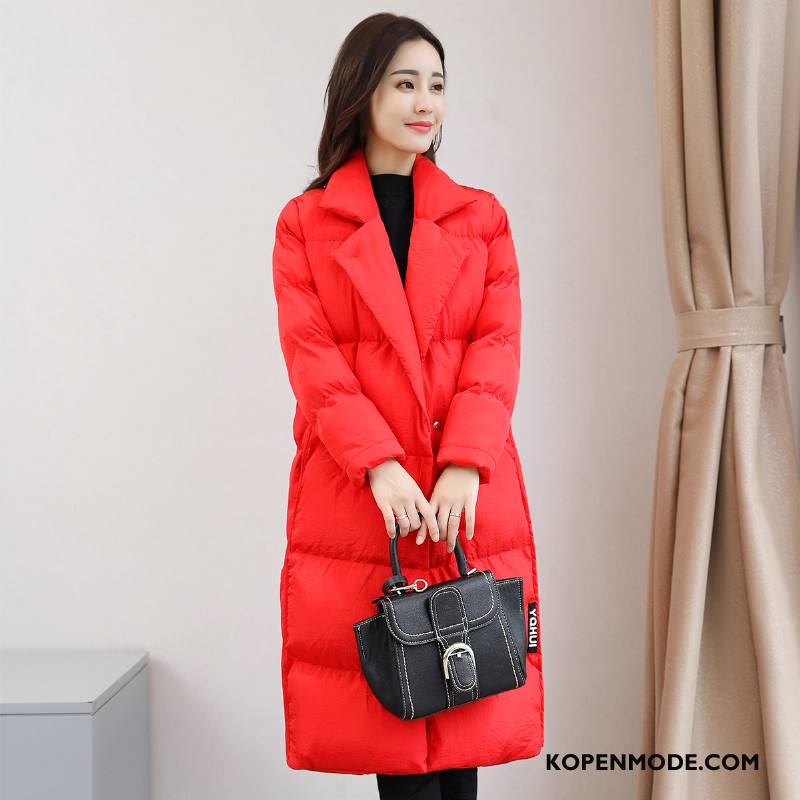 Katoenen Jas Dames Winter Trend Dunne Casual Mode Lange Mouwen Effen Kleur Rood