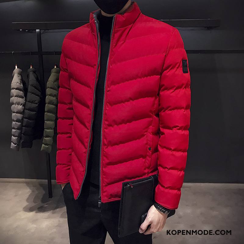 Katoenen Jas Heren Hoge Kraag Mannen Trend Casual Mode Winter Effen Kleur Rood