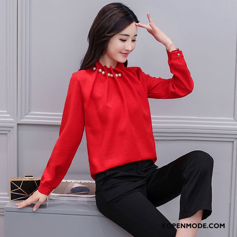 Kleding Grote Maten Dames 2018 Pullover Slim Fit Vrouwen Blouse Overhemd Lange Mouwen Effen Kleur Rood