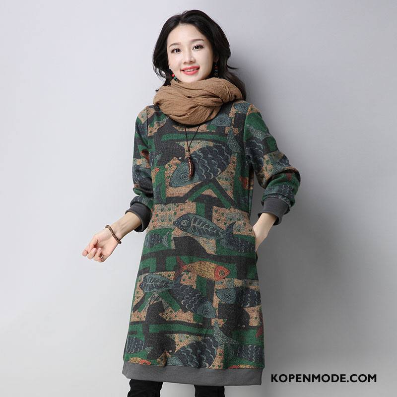 Kleding Grote Maten Dames Casual Mode Lang Elegante Winter Lange Mouwen Groen