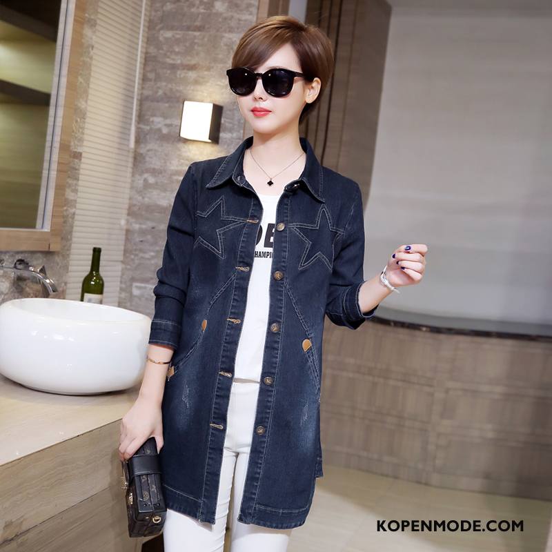 Kleding Grote Maten Dames Slim Fit Digitaal Cardigan Geborduurde Denim Trenchcoat Donkerblauw