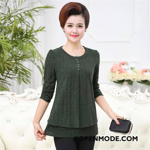 Kleding Middelbare Leeftijd Dames Slim Fit Voorjaar Comfortabele Pullover Losse Elegante Effen Kleur Groen