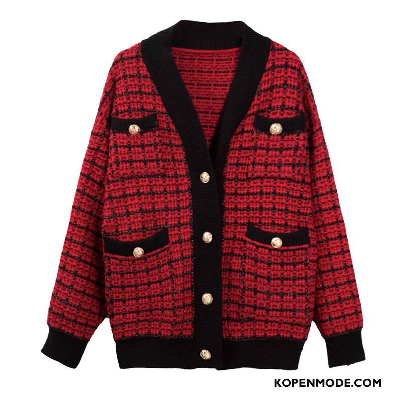 Korte Jas Dames Herfst Mini Nieuw Breien Geruit Cardigan Rood