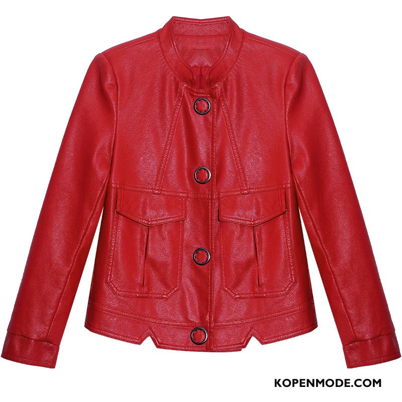 Leren Jassen Dames Jack Mini Kort Motorfiets Slim Fit Voorjaar Rood