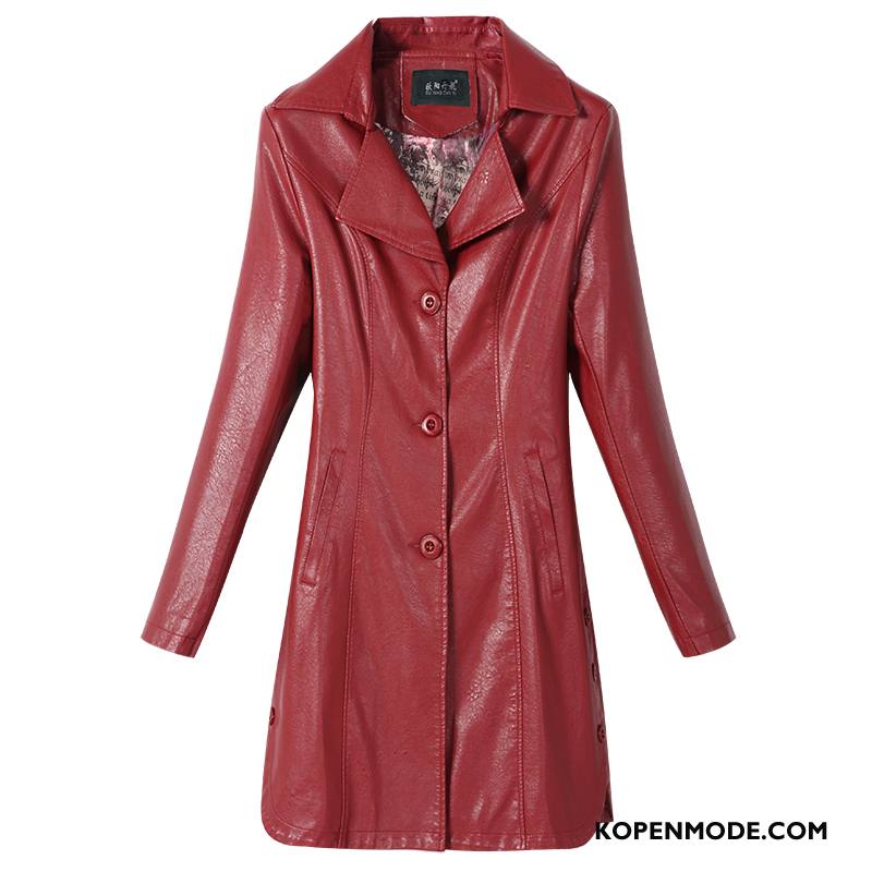 Leren Jassen Dames Lang Herfst Leer Trenchcoat Slim Fit Nieuw Rood