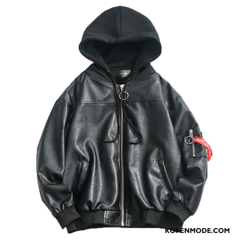 Leren Jassen Heren Mooi Mannen Jack Persoonlijk Hoodie Trendy Merk Zwart