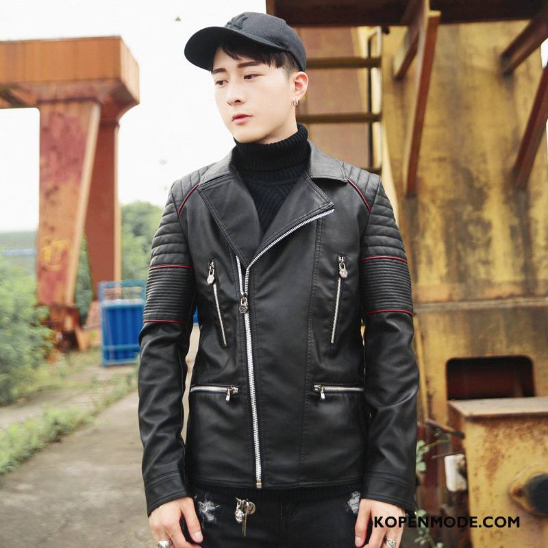 Leren Jassen Heren Motorfiets Slim Fit Trend Mannen Herfst Leer Zwart