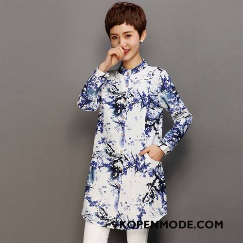 Overhemden Dames Bedrukken Lang Blouse Overhemd Lange Mouwen Hoge Kraag Mode Blauw