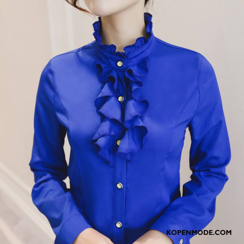 Overhemden Dames Blouse Overhemd Trend Nieuw Lange Mouwen 2018 Vrouwen Effen Kleur Blauw