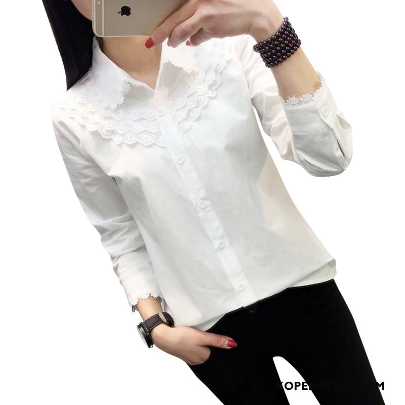 Overhemden Dames Kant Slim Fit Blouse Overhemd Katoen Voorjaar Lange Mouwen Effen Kleur Wit