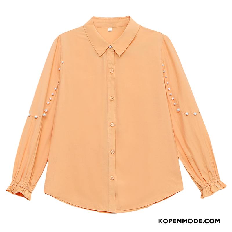 Overhemden Dames Losse Vrouwen Nieuw Blouse Overhemd Herfst Lange Mouwen Effen Kleur Oranje