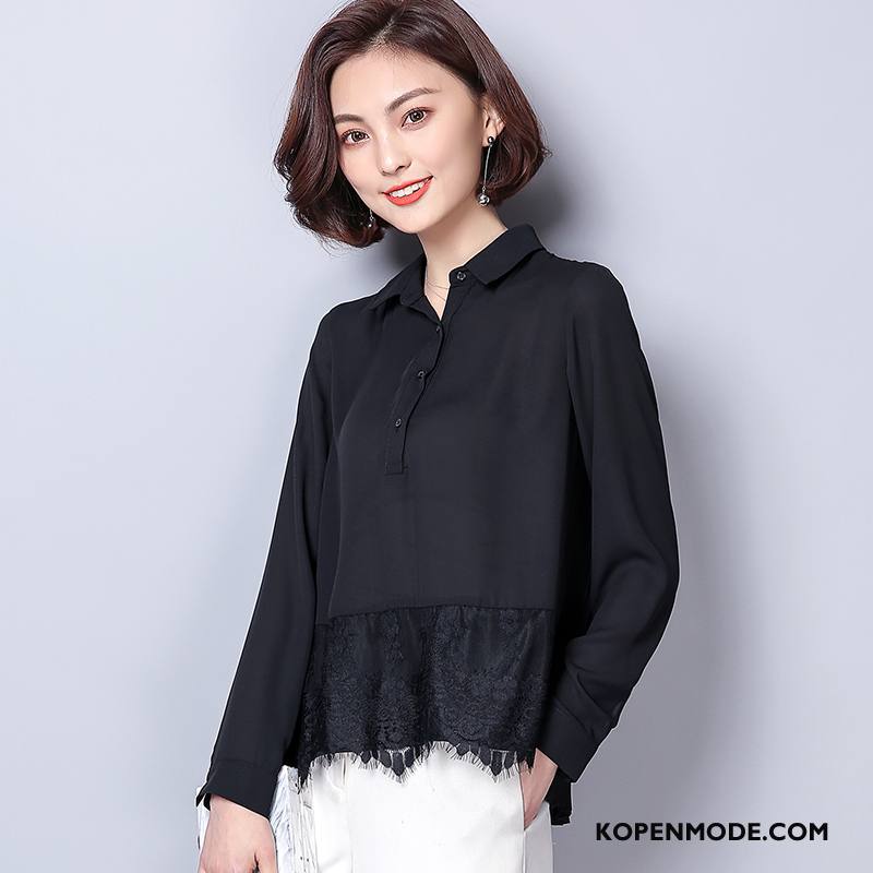 Overhemden Dames Polyester Trend Voorjaar Mouw Mode Lange Mouwen Effen Kleur Zwart