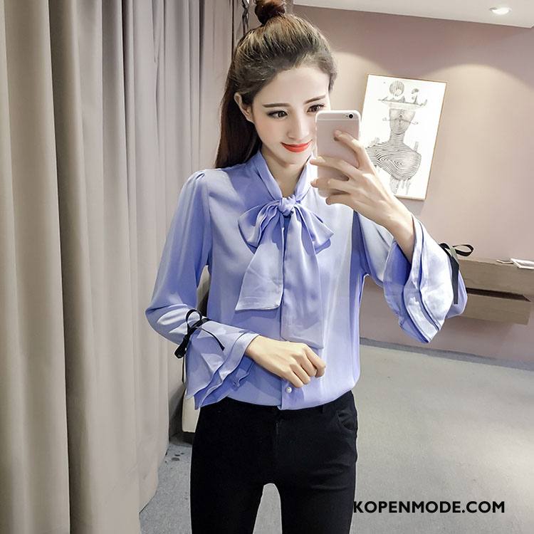 Overhemden Dames Trend Voorjaar Slim Fit Blouse Overhemd Vlinderdas Mode Blauw