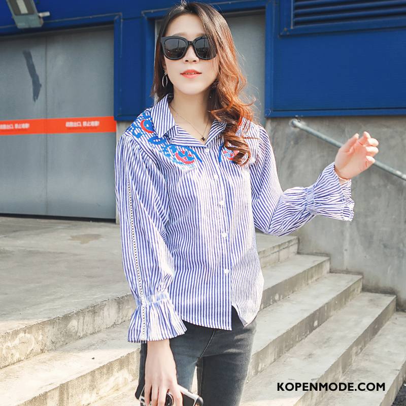 Overhemden Dames Voorjaar 2018 Trend Elegante Blouse Overhemd Met Één Rij Knoppen Blauw