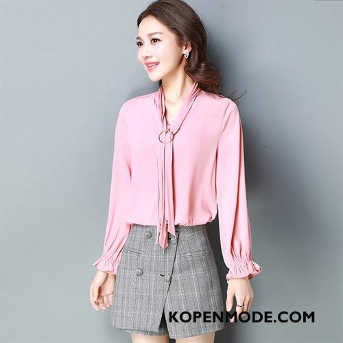 Overhemden Dames Voorjaar Lang Rechtdoor Blouse Overhemd Lange Mouwen Zoet Roze