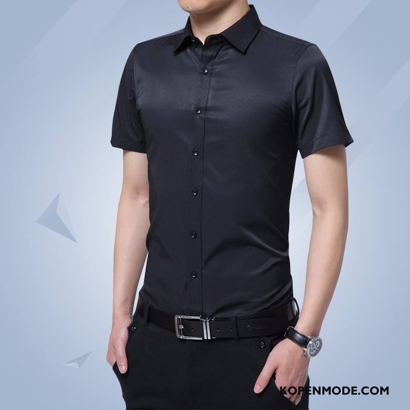 Overhemden Heren Casual Bedrijf Zomer Overhemd Kort Mouw Mannen Zwart