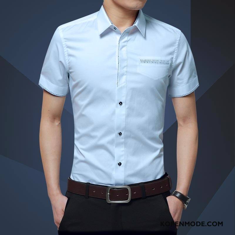 Overhemden Heren Casual Mannen Slim Fit Overhemd Kort Mouw Lichtblauw