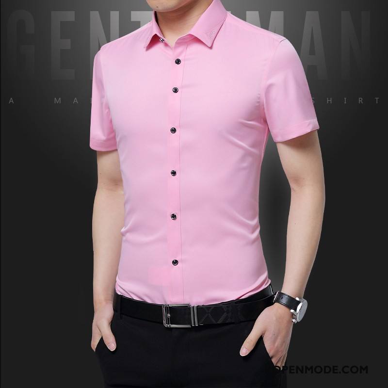 Overhemden Heren Casual Overhemd Kort Mouw Mannen Slim Fit Roze