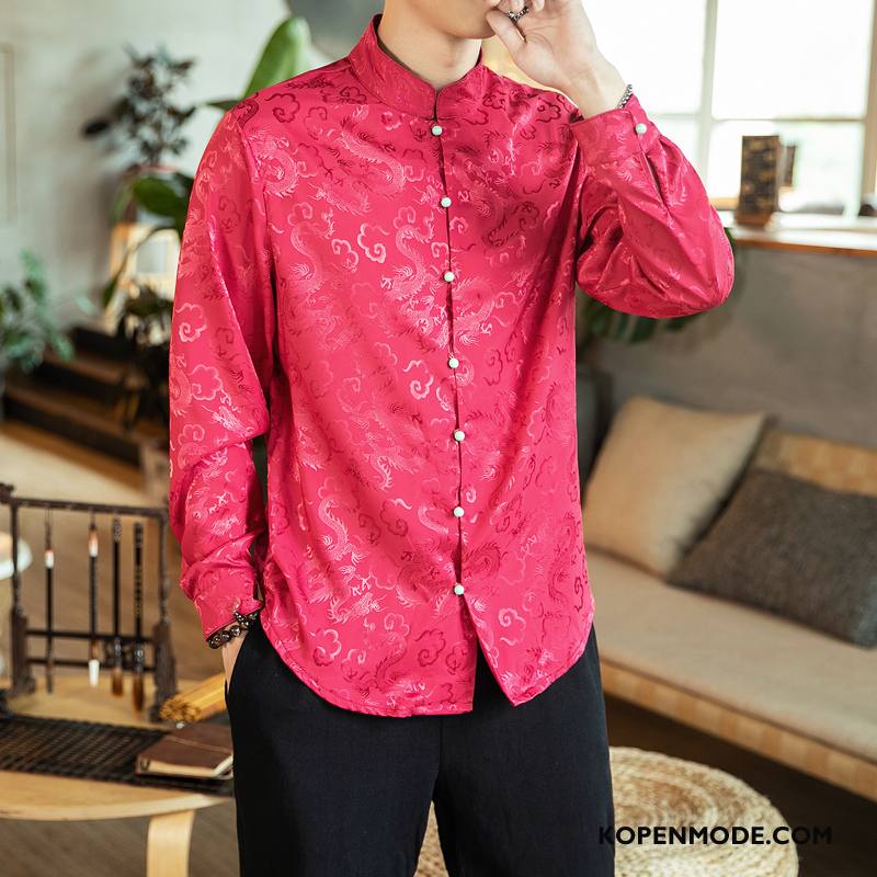 Overhemden Heren Lange Mouwen Dragon Patroon Chinese Stijl Casual Vintage Mannen Rood