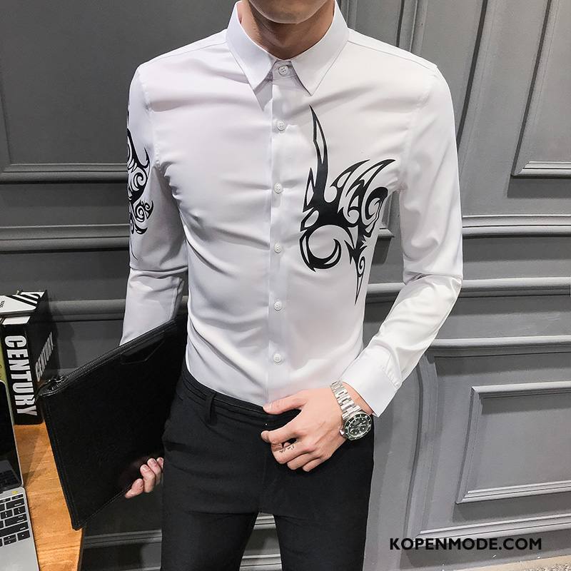 Overhemden Heren Mannen Bedrukken Persoonlijk Voorjaar Trend Mode Wit