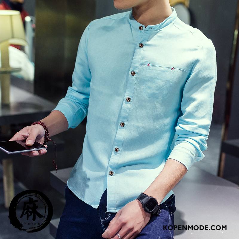 Overhemden Heren Nieuw Jasje Katoen En Linnen Trend Chinese Stijl Voorjaar Lichtblauw Effen Kleur