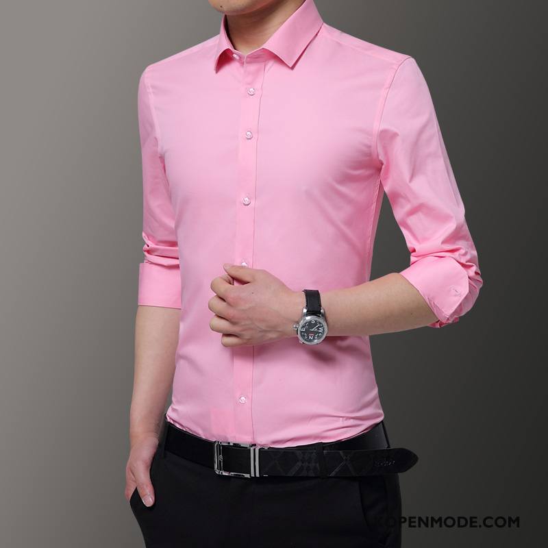 Overhemden Heren Slim Fit Dunne Lange Mouwen Jeugd Roze Rood Effen Kleur