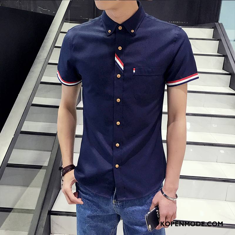 Overhemden Heren Student Korte Mouw Zomer Mannen Slim Fit Koe Donkerblauw Effen Kleur Wit