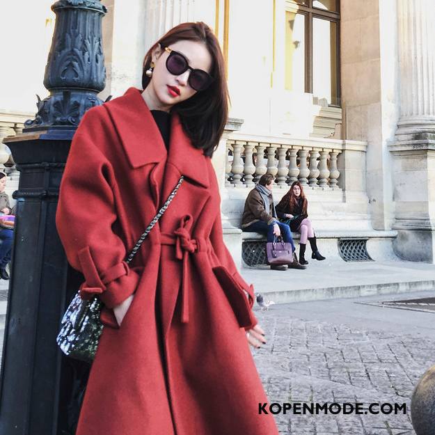 Overjas Dames Lang 2018 Trend Elegante Winter Jas Wol Effen Kleur Rood