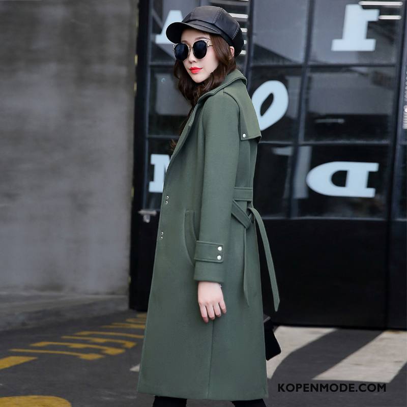 Overjas Dames Lange Mouwen Slim Fit Winter Jas Wol Elegante Trend Effen Kleur Groen