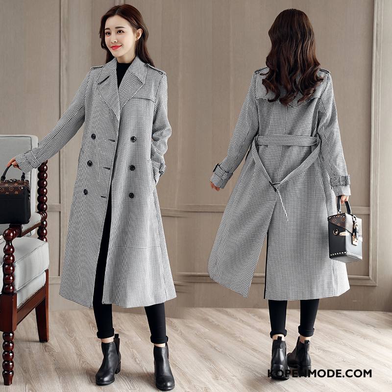 Overjas Dames Slim Fit Jas Wol Kant Geruit Lange Mouwen Mode Effen Kleur
