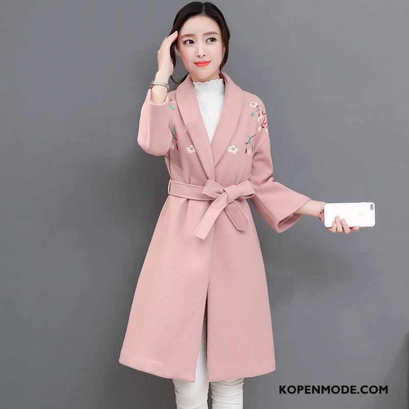 Overjas Dames Slim Fit Winter Trend Elegante Lange Mouwen 2018 Roze Rood Effen Kleur