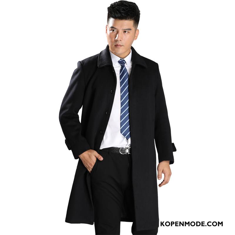 Overjas Heren Winter Lange Trenchcoat Revers Jas Wol Mannen Zwart