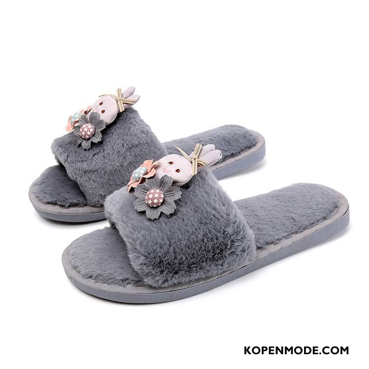 Pantoffels Dames Binnen Katoen Slippers Warm Vrouwen Spotprent Grijs