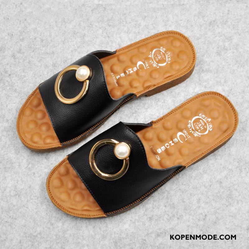 Pantoffels Dames Plat Schoenen 2018 Zomer Casual Echt Leer Zandkleur Zwart