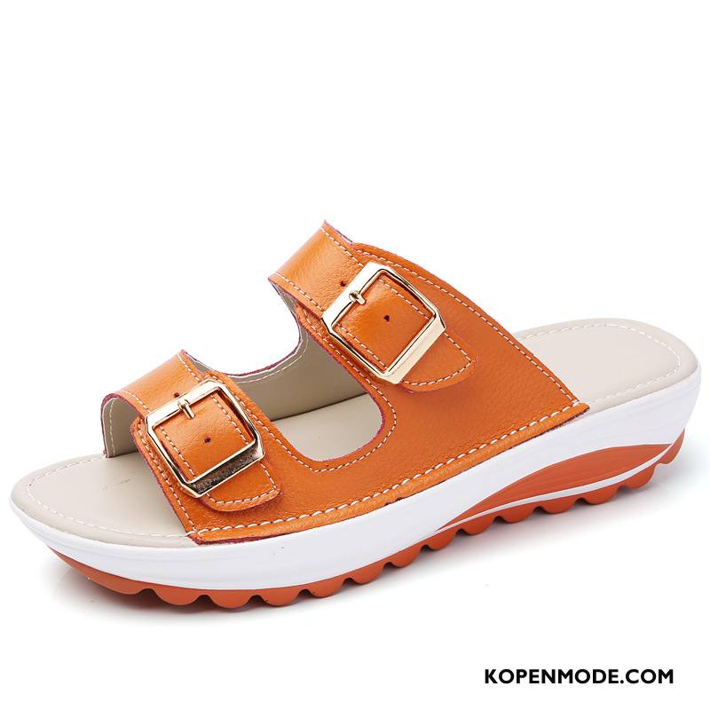 Pantoffels Dames Sandaal Afslankschoenen Outdoor Echt Leer Comfortabele Mode Zandkleur Oranje