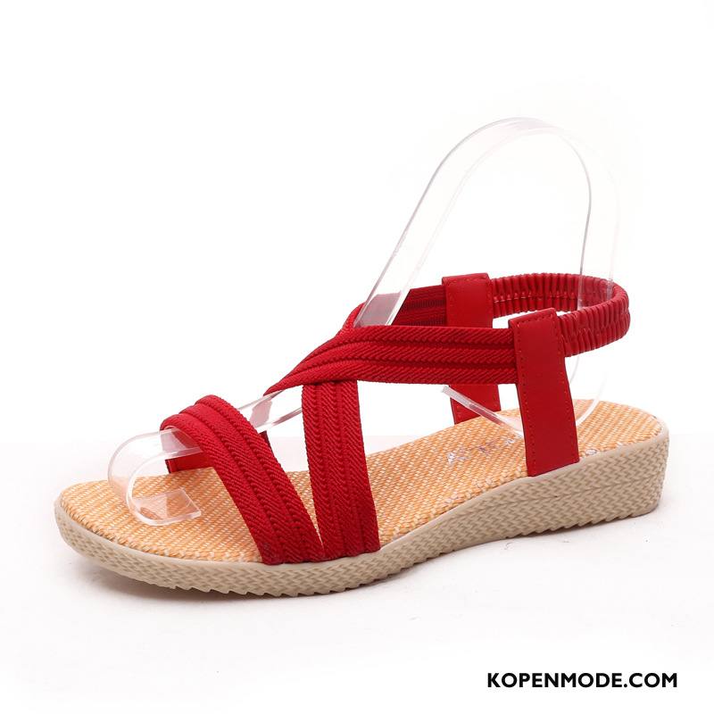 Sandalen Dames Zomer Eenvoudige Rome Plat Elastiek Vrouwen Effen Kleur Rood