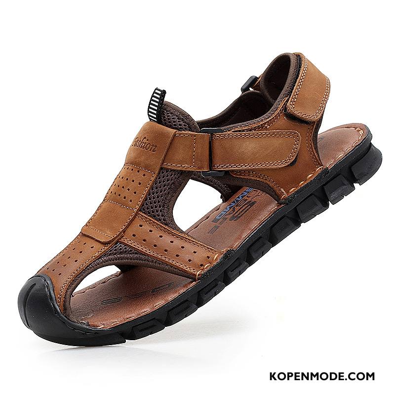 Sandalen Heren Antislip Outdoor Casual Trend Leer Sandaal Zandkleur Bruine