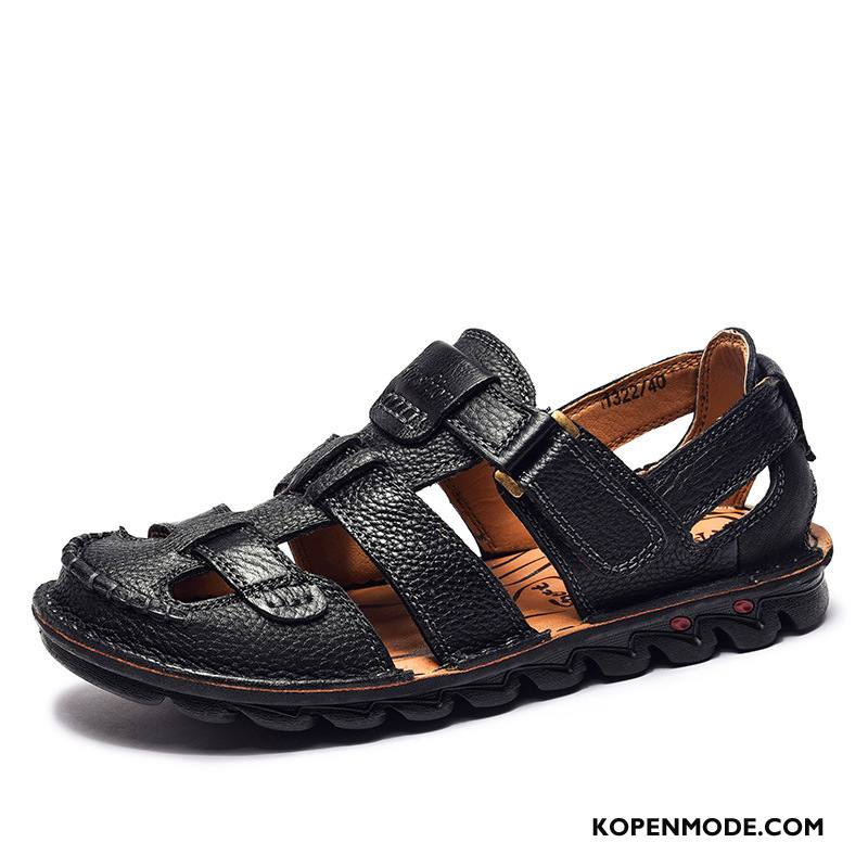 Sandalen Heren Slijtvastheid Trend Ademende Leer Casual Mannen Zandkleur Zwart