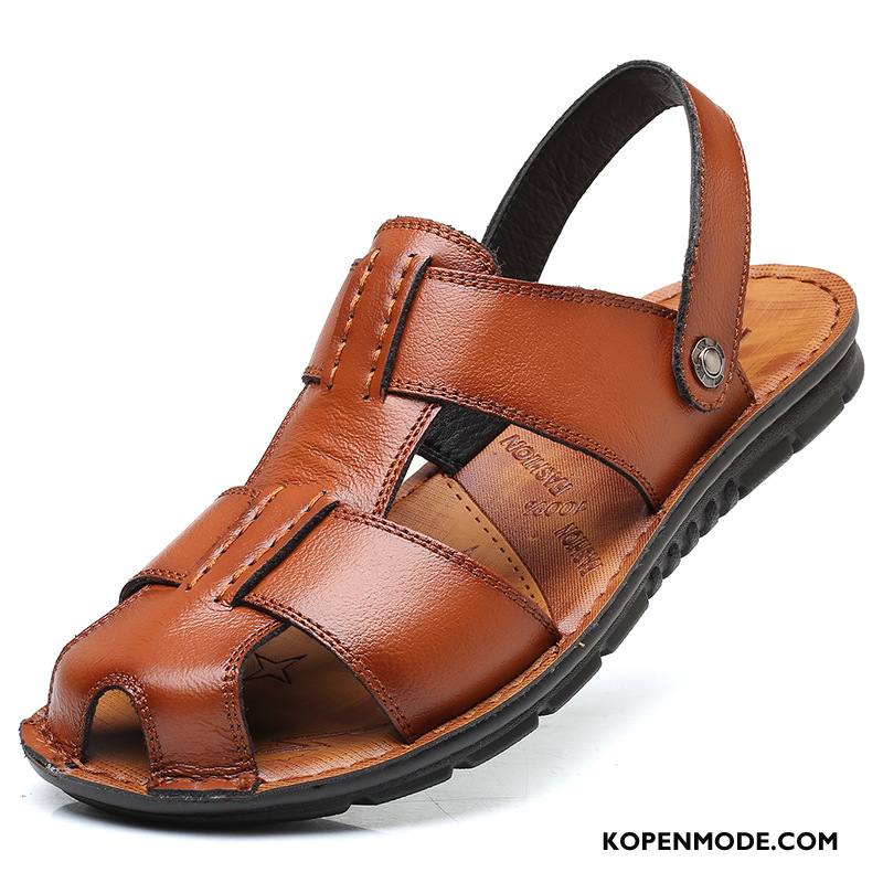 Sandalen Heren Trend Grote Maten Echt Leer Schoenen Casual Scheppend Zandkleur Bruine