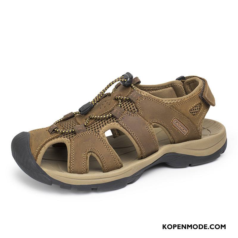 Sandalen Heren Zomer Ademende Echt Leer Outdoor Sandaal Casual Zandkleur Groen