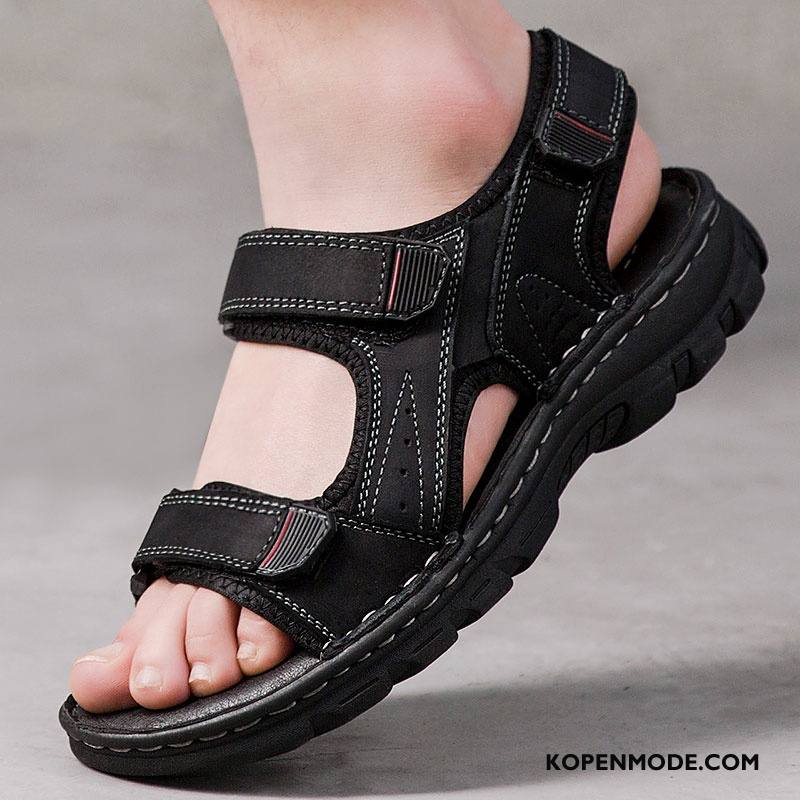 Sandalen Heren Zomer Mannen Alle Wedstrijden Echt Leer Trend Sandaal Zandkleur Zwart