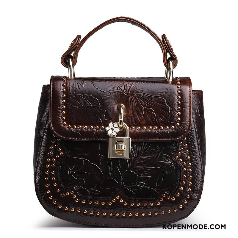 Schoudertas Dames Lederen Slotje Bruin Handtas Messenger Tas Vintage