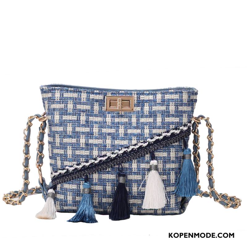 Schoudertas Dames Messenger Tas Etnische Nieuw Super Kwasten Ketting Blauw