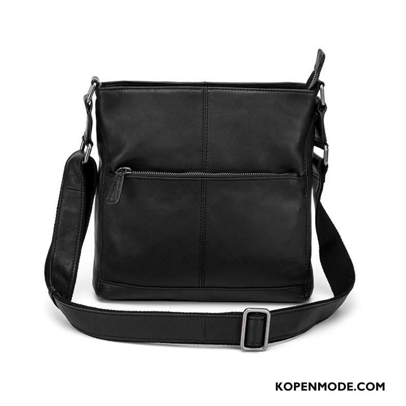 Schoudertas Heren Leer Messenger Tas Vintage Echt Leer Vierkante Casual Zwart