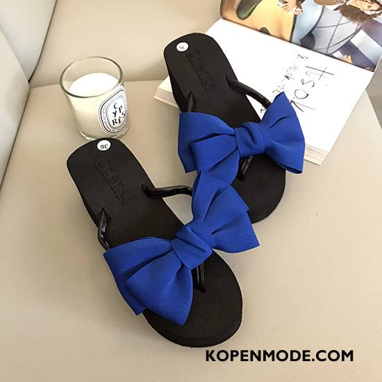 Slippers Dames Plateauzool Pantoffels Vrouwen Vlinderdas Bloemen Hoge Hakken Marineblauw Zandkleur