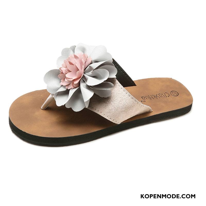 Slippers Dames Vrouwen Alle Wedstrijden Mode Plat Bloemen Zomer Zandkleur Beige