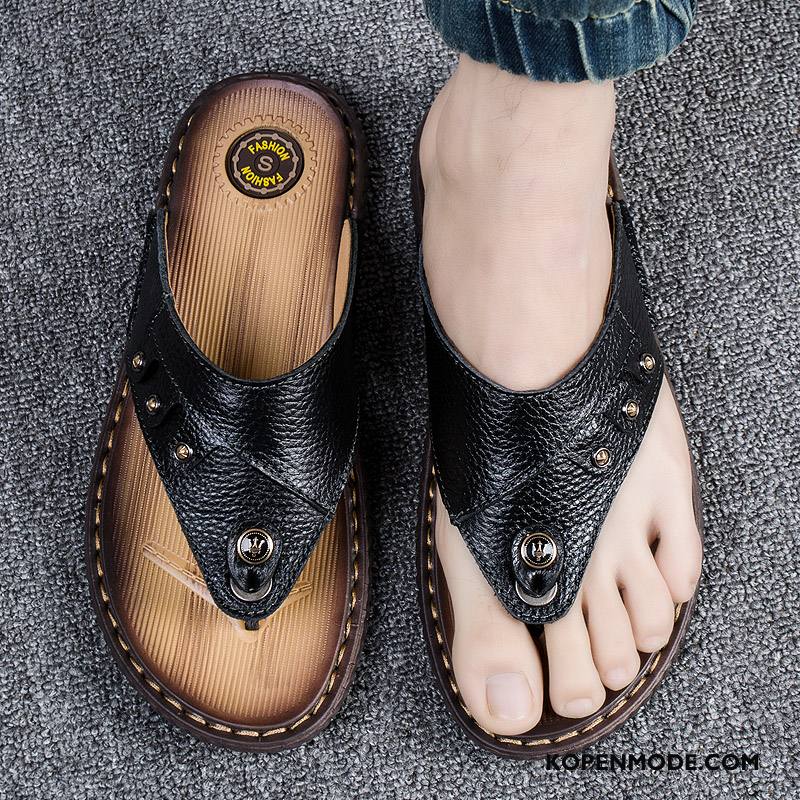 Slippers Heren Antislip Leer Zomer Schoenen Pantoffels Sandaal Zandkleur Zwart