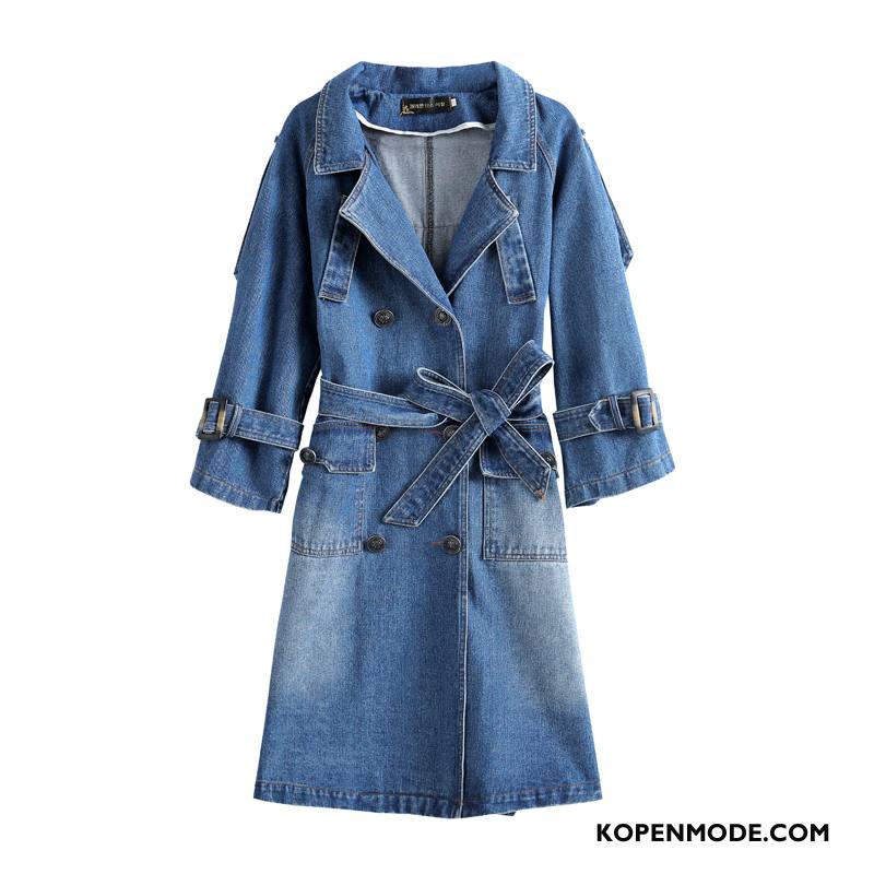 Spijkerjas Dames Lang Denim Elegante Lange Mouwen Mode Voorjaar Blauw