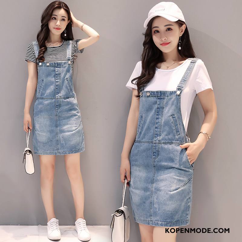 Spijkerjurken Dames Bretels Elegante Denim Zomer Korte Mouw 2018 Effen Kleur Blauw
